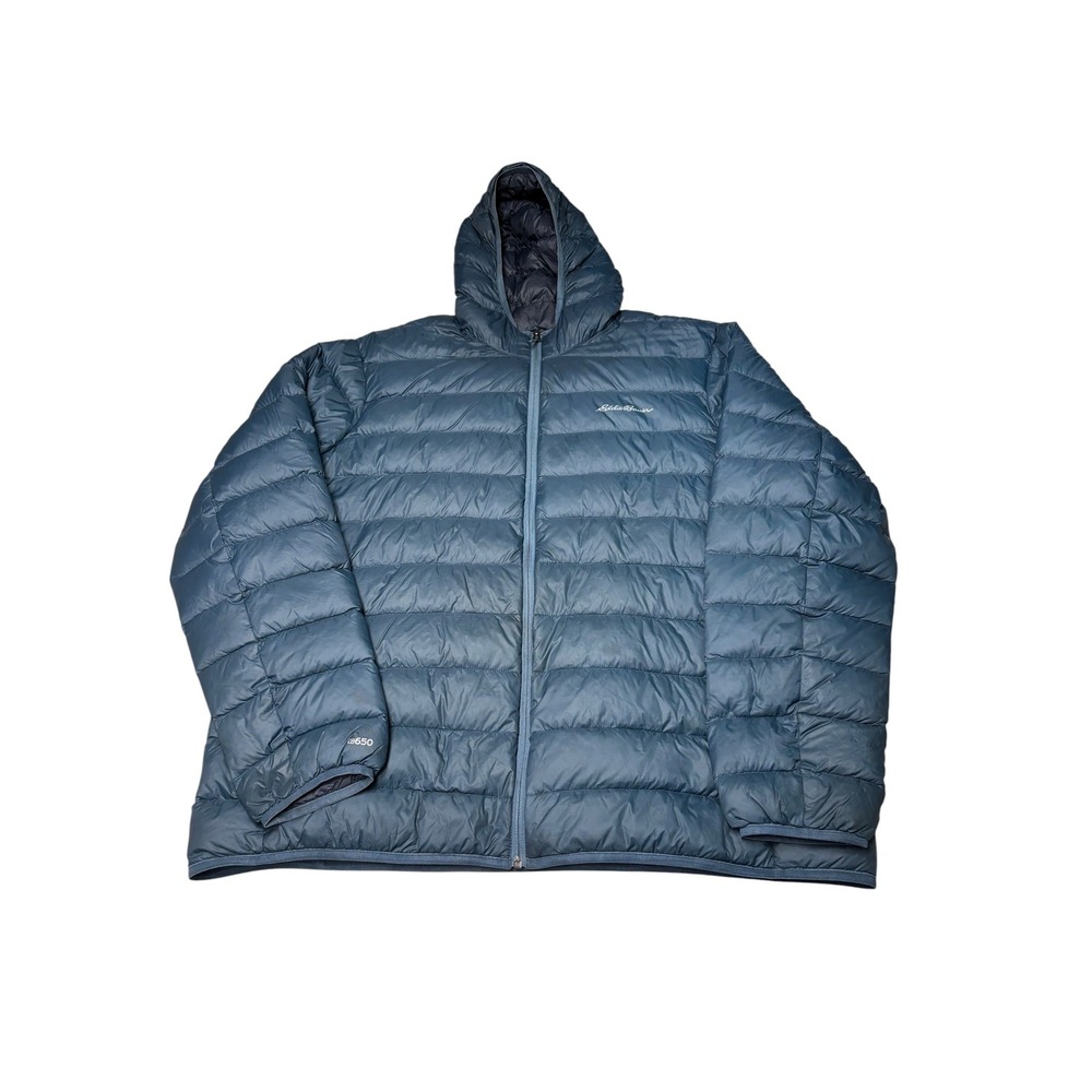 Eddie Bauer EB650 Down Hooded Puffer Jacket Mens 2XL Blue Grey Full Zip 0232